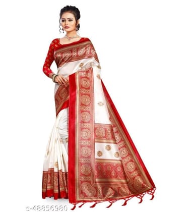 Women's Art Silk Printed Saree with Unstitched Blouse (Red, 5-6 Mtrs)