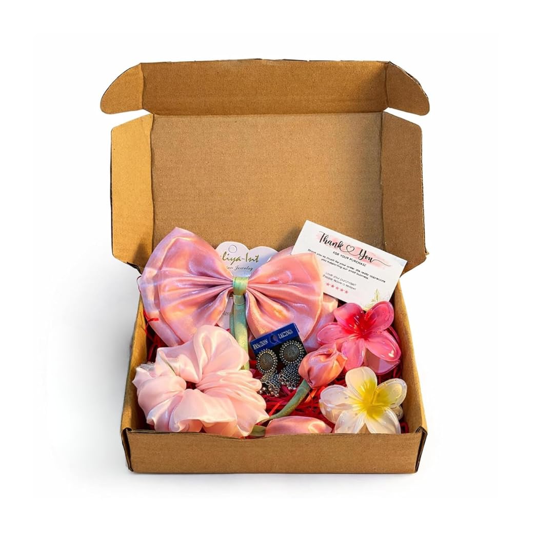 Women's Gift Hamper for Girls & Women with Tulip Hair Bow, Scrunchie, 2 Flower Claw Clips & Jhumki Earrings | Birthday Gift Box for Girlfriend, Sister, Wife, Best Friend