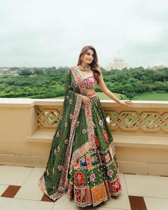Muslin Digital Print with Mirror Work Designer Chaniya Choli (Stitched)-Free Size [Alter 38-44]