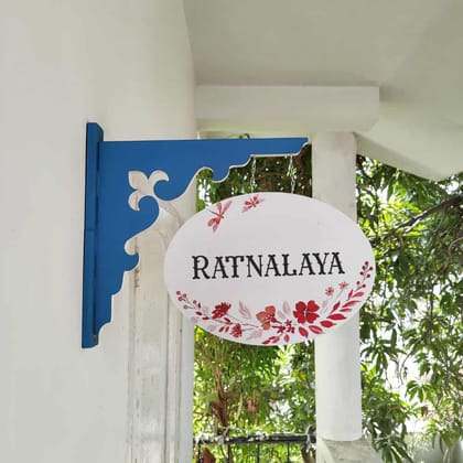Handpainted Hanging Name plate - Navy Oval White Red Flowers-8x11 Inches