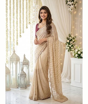 Rangtulika Ethnics Satin Embroidered Regular Saree With Unstitched Blouse Piece ( Off White )