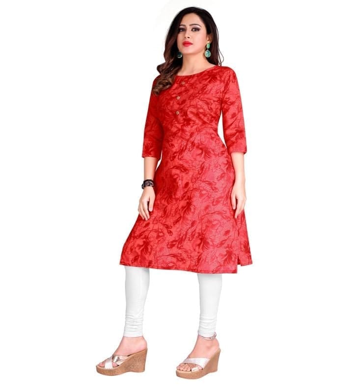 Women's Casual 3/4th Sleeve Printed Cotton Kurti (Red, 2XL)-PID46127