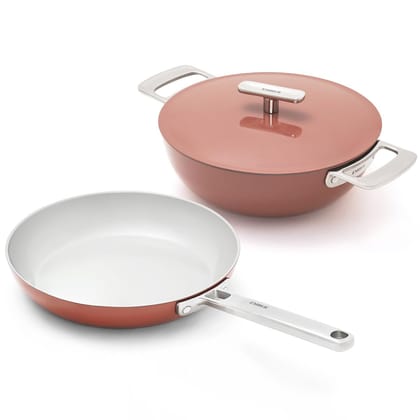 Ember Cookware Arcilla Ceramic Non Stick Cookware Set of 2 | Induction Cookware | Frying Pan 24 cm & Kadai 2.6 Litre | Metallic Lid | 75% Less Oil | Gift Set | Steel Handle| 5-Year Warranty|Terracotta Ember Cookware Arcilla Ceramic Non Stick Cookware Set