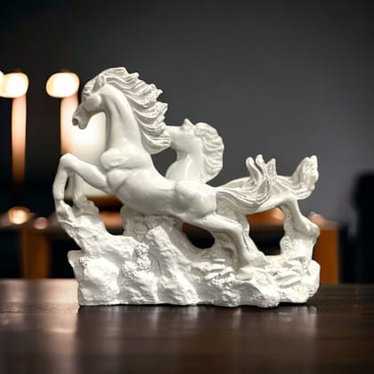 Resin White Running Horses for Feng Shui and Vastu for Positive Energy H- 16 cm-Poly Resin