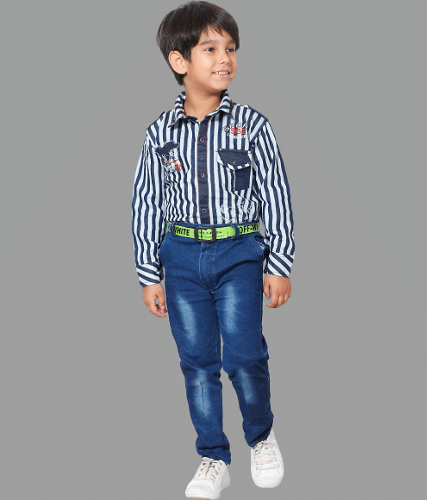 DKGF Fashion Pack of 1 Boys Cotton Blend Shirt & Jeans Set ( Blue )