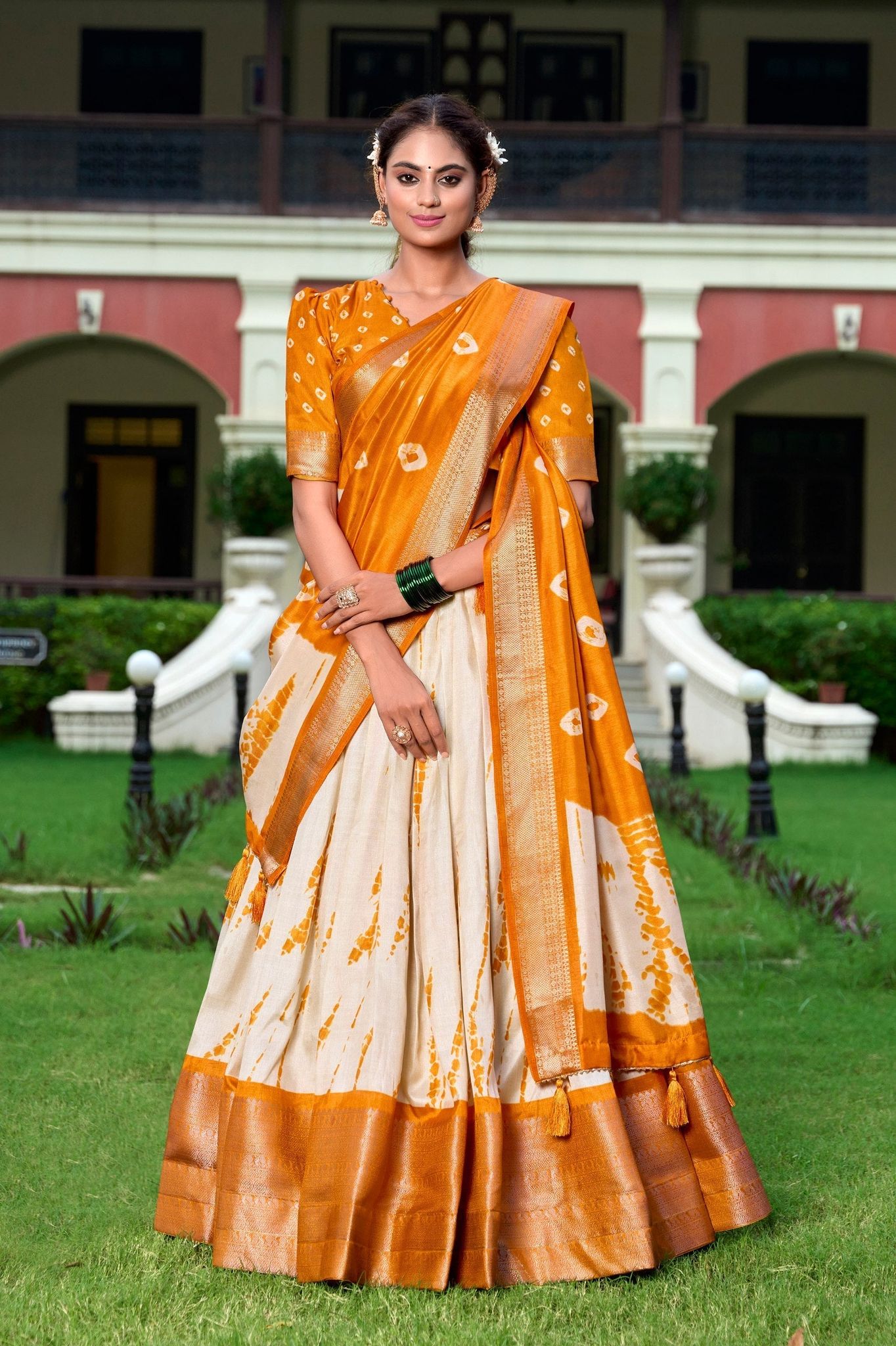 Orange & Ivory Shibori Print Dola Silk Lehenga Choli with Zari Weaving Border & Tassel Dupatta-free-size