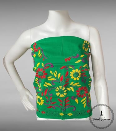 Green Bengal Kantha Hand Embroidered Blouse Piece for Sarees