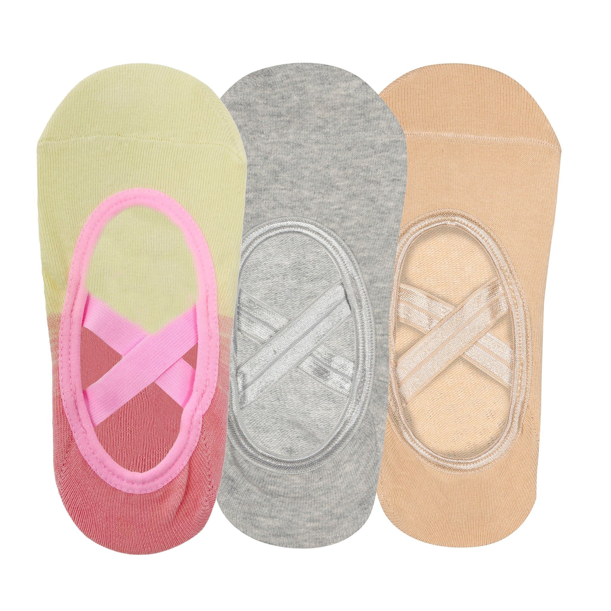 Yoga and Pilates Non-Slip Socks for Women - Set of 3 (Cream & Pink, grey, Beige)
