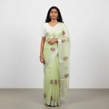 Kota Doria Cotton-Silk Saree with Rose Bootis in Pistachio Green