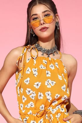 Mustard Polyester Sleeveless Floral Print Jumpsuit VJMP1012