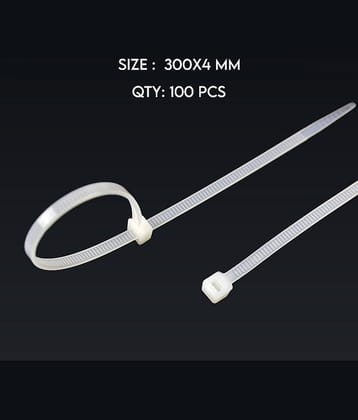Teeth Grip Nylon Self Locking Cable Ties, White (300 mm x 4 mm, Pack of 100) Cable Tie
