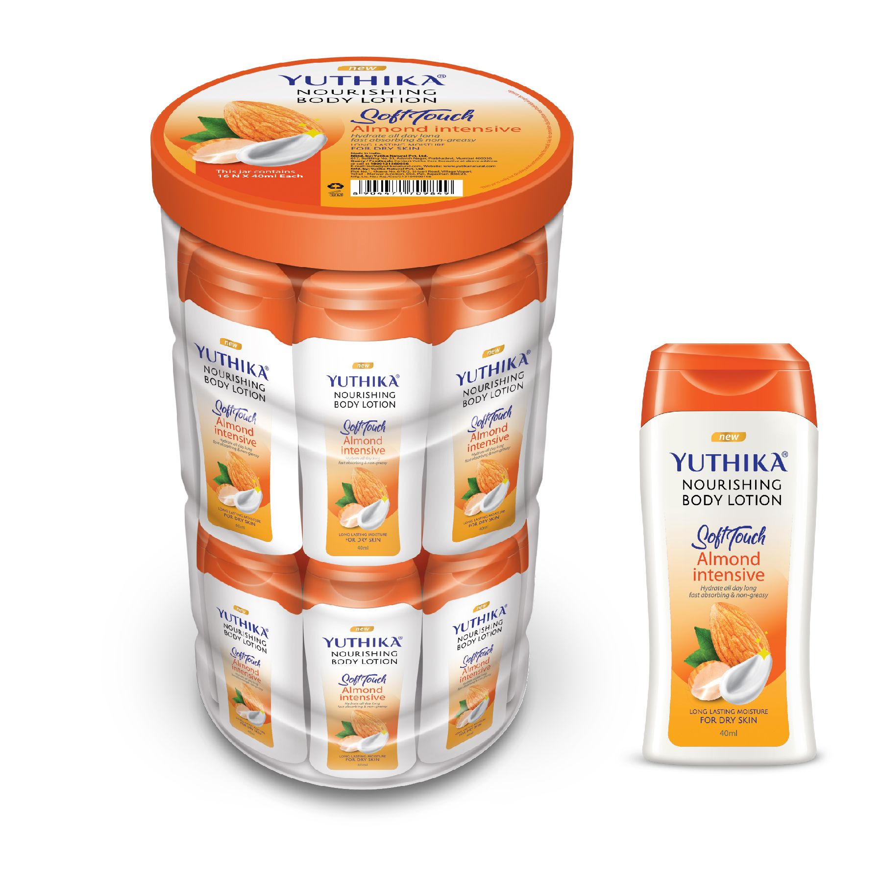 Yuthika Almond Body Lotion for Dry Skin 640ml (40mlx16), Long Lasting Nourishing Body Lotion Non-Greasy, Fast Absorbing Bodylotion