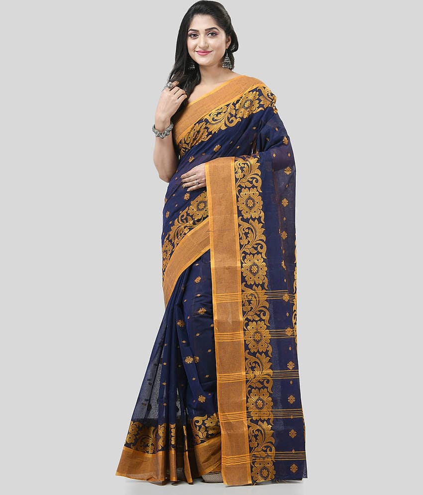 Desh Bidesh Cotton Self Design Saree Without Blouse Piece ( Blue )