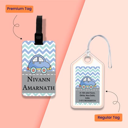 Personalized Bag Tags for Kids - Set of 5 - Blue Car Design-Regular Bag Tags