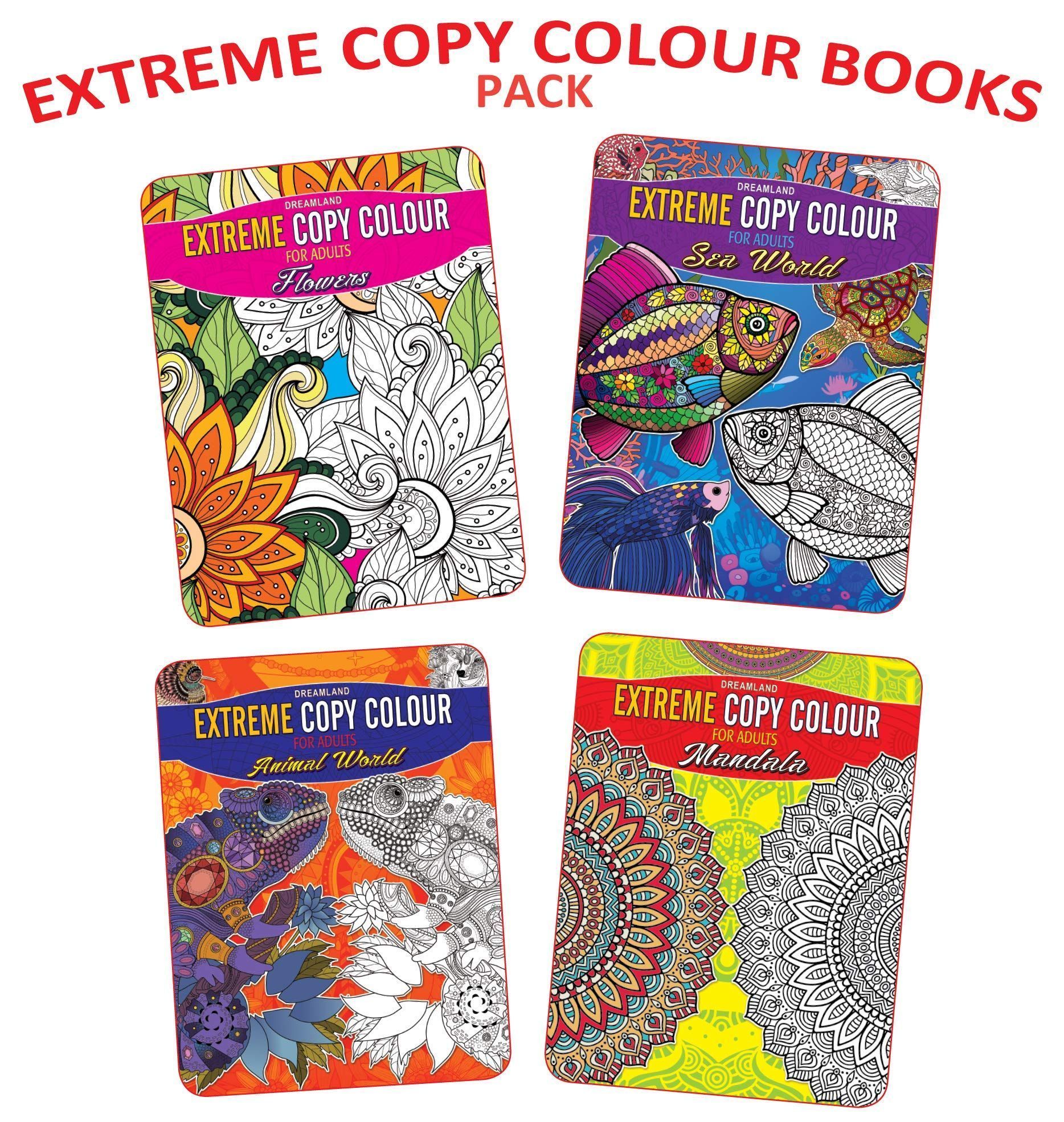 Extreme Copy Colouring 4 Books Pack - Flowers, Animals World, Sea World, Mandala Colouring Books [Paperback] Dreamland Publications