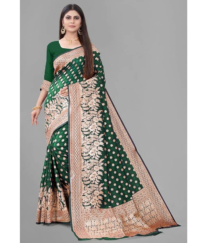 Gazal Fashions Banarasi Silk Embellished Saree With Unstitched Blouse Piece ( Green )