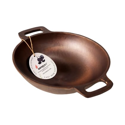 Aarogyam Cast Iron Double Handle Round Loha Kadai, 9 inch Diameter (23 cm), Pre-Seasoned, Naturally Non-Stick,Toxin-Free,  Compatible With Gas Stove- Perfect For Deep Frying  Weight : 2.3 Kg (Colour - Black) by Aarogyam - The Cast Iron Shop