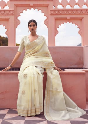 Classic Off White Woven Banarasi Linen Silk Saree