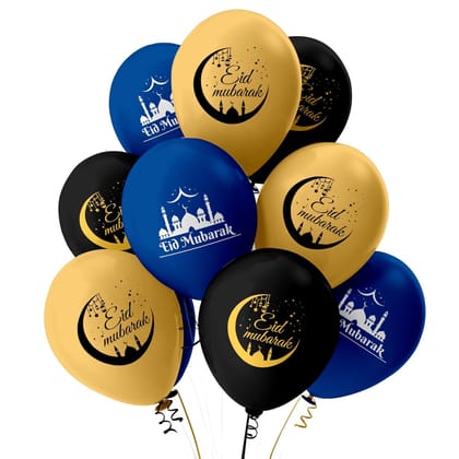 Pack of 15pcs Eid Mubarak Balloons for Ramadan Decorations – Black, Gold & Blue Latex Balloons for Eid Party & Home Decor