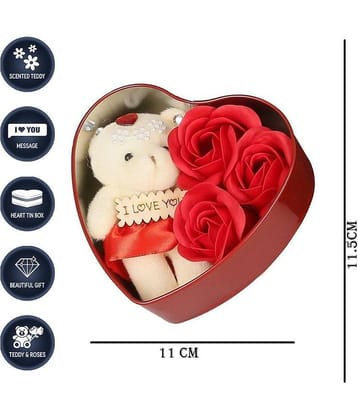 house of fun Valentine Day Heart Shape Box with Rose Love Couple Gift For Boy|Girl|Girlfriend|Boyfriend Lover Birthday|Anniversary Teddy Figurine Decorative Decorative Showpiece - 11 cm  (Silver Plated, Multicolor)