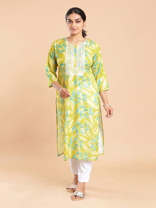Kalyan Silks Multi Color Leaf Printed Greenish Yellow Kurti Top
