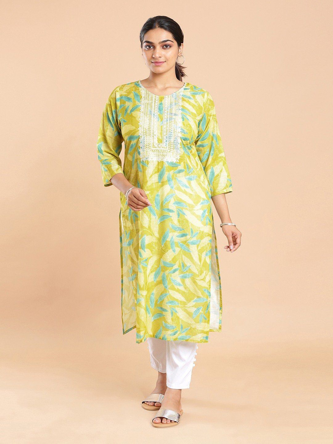 Kalyan Silks Multi Color Leaf Printed Greenish Yellow Kurti Top