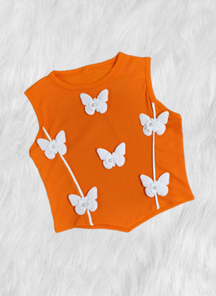 Girls Orange Butterfly Tank Top  [GT-792] [4-12 year]-9-10Y (Size - 32) / Ribbed / Orange