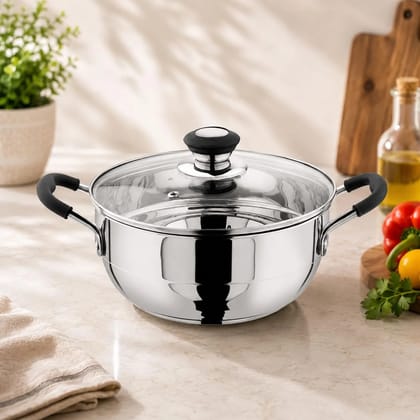 Maxfresh Stainless Steel Mini Multi Kadai 5-in-1 Induction Base, Idli Dhokla Steamer Patra Maker & Deep Frying Cooking Pot, Gas Stove Compatible, Multipurpose Cookware for Healthy Indian Cooking