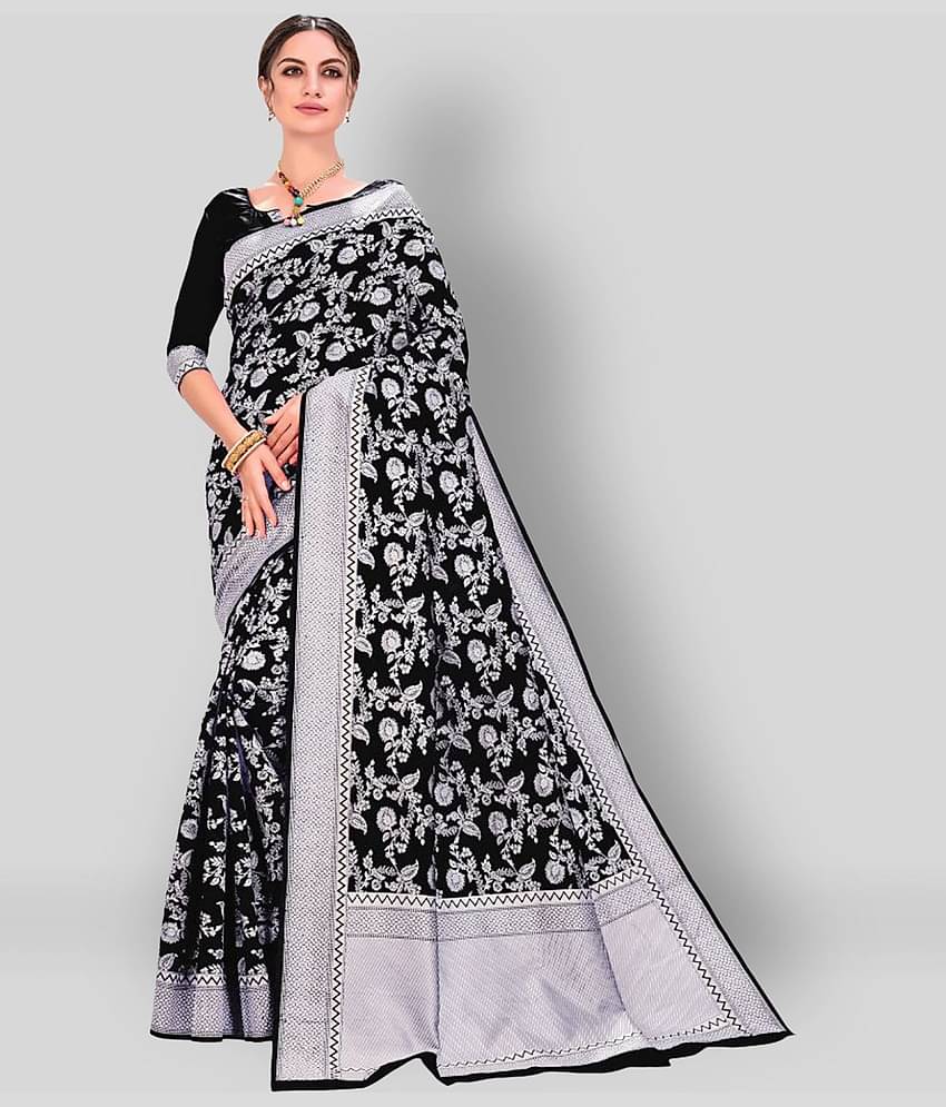 Dressy Banarasi Silk Printed Saree With Unstitched Blouse Piece ( Black )