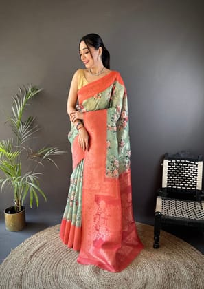 Pista Green Soft Silk Floral Motifs Zari Weaving Work Banarasi Saree