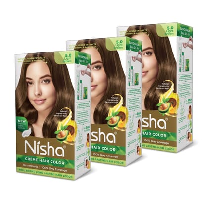 Nisha Creme Hair Color 5.0 Light Brown 120g Pack of 3, Permanent Hair Colour, No Ammonia, 100% Grey Coverage
