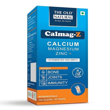 The Old Natural Calmag-Z | Calcium, Magnesium, Zinc with Vitamin D3 + K2 (MK7) | 16 Ayurvedic Herbs | Supports Bone, Joint & Immunity | Clinically Tested | 60 Tablets (Pack of 1)