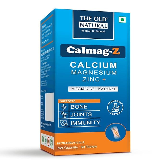 The Old Natural Calmag-Z | Calcium, Magnesium, Zinc with Vitamin D3 + K2 (MK7) | 16 Ayurvedic Herbs | Supports Bone, Joint & Immunity | Clinically Tested | 60 Tablets (Pack of 1)