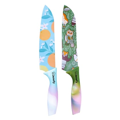 Jenefy Ultra Sharp Knife with prints of protective sheath Chef Knife Japanese Santoku Knife with Nonstick coating Non Slip Ergonomic Handle & Blade Cover High carbon Stainless Steel Blue & Green Combo Jenefy Ultra Sharp Knife with prints of protective sheath Chef Knife Japanese Santoku Knife with Nonstick coating Non Slip Ergonomic Handle & Blade Cover High carbon Stainless Steel Blue & Green Combo