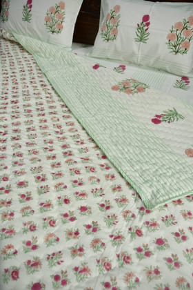 Peach and Pink Flower Quilt Bedding set Super King (108*108 inches) bedsheet + King (90x108 inches) quilt
