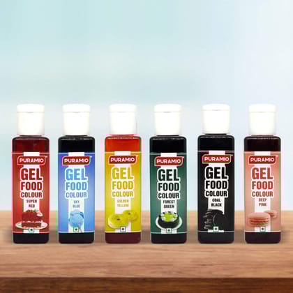 Puramio Gel Food Colours, (Super Red, Coal Black, Deep Pink, Forest Green, Golden Yellow, Sky Blue), 30 gm Each - Pack of 6