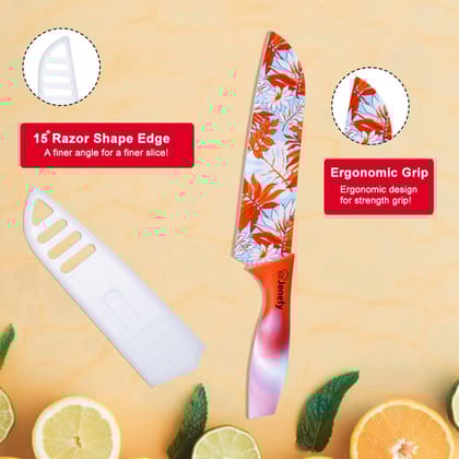 Jenefy Ultra Sharp Knife with prints of protective sheath Chef Knife Japanese Santoku Knife with Non stick coating Non Slip Ergonomic Handle & Blade Cover High carbon Stainless Steel Green & Red Combo