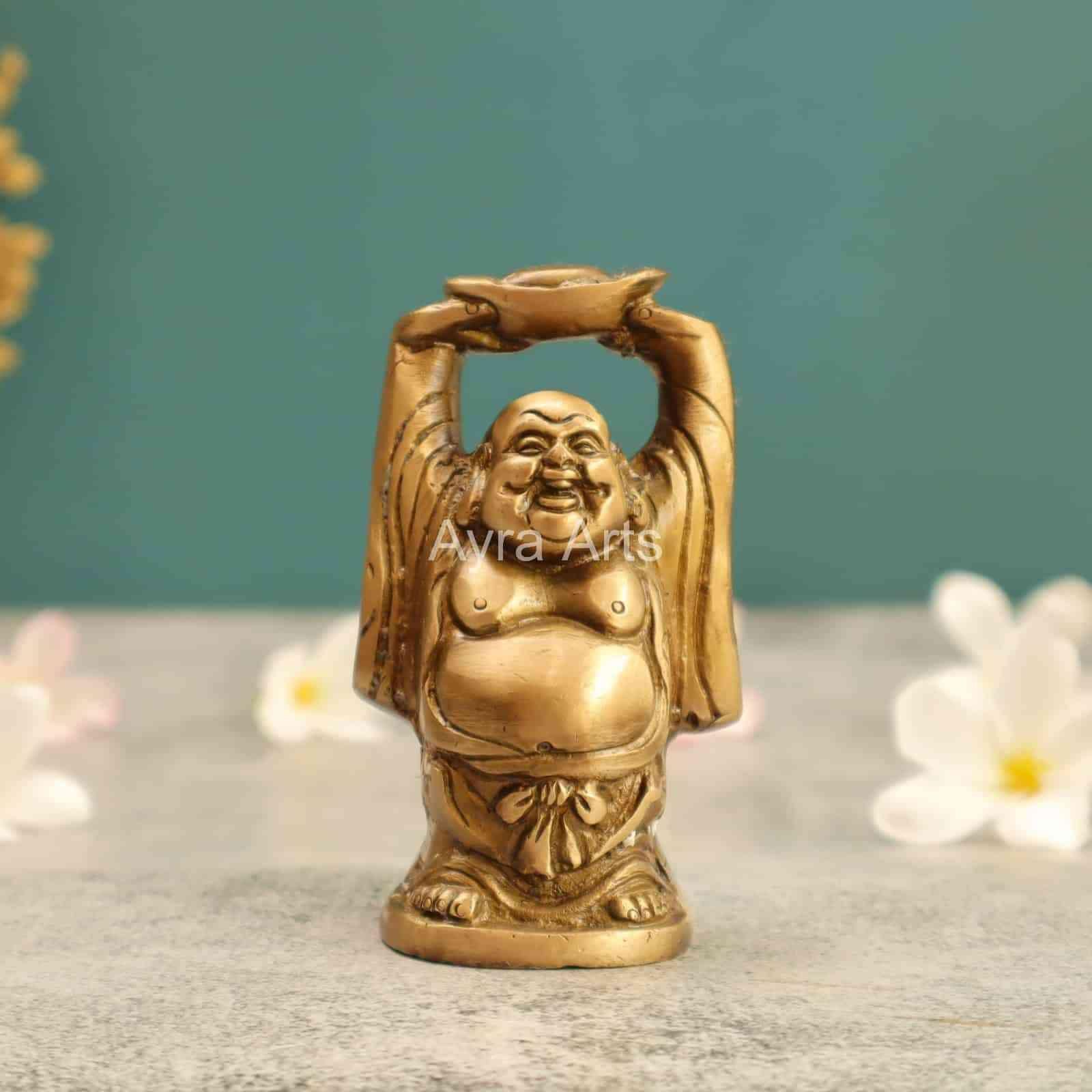 Antique Brass Laughing Buddha Monk - 3.7 Inch Height