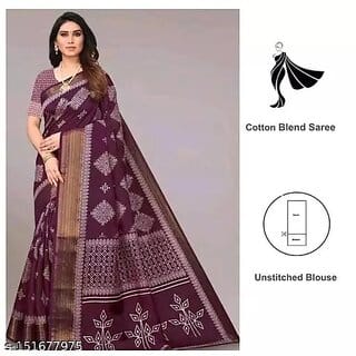 Purple Colour Cotton Printed saree With Blouse Piece