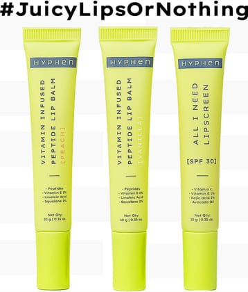 Hyphen Peach Lip Blam 10gmVanilla Lip Blam 10gm & Lip Sunscreen 10gm (Pack of 3)
