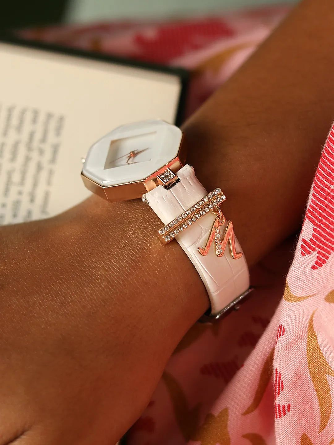 Hectagon Analog Watch With M Liberty Initial Watch Charm - White-Watches