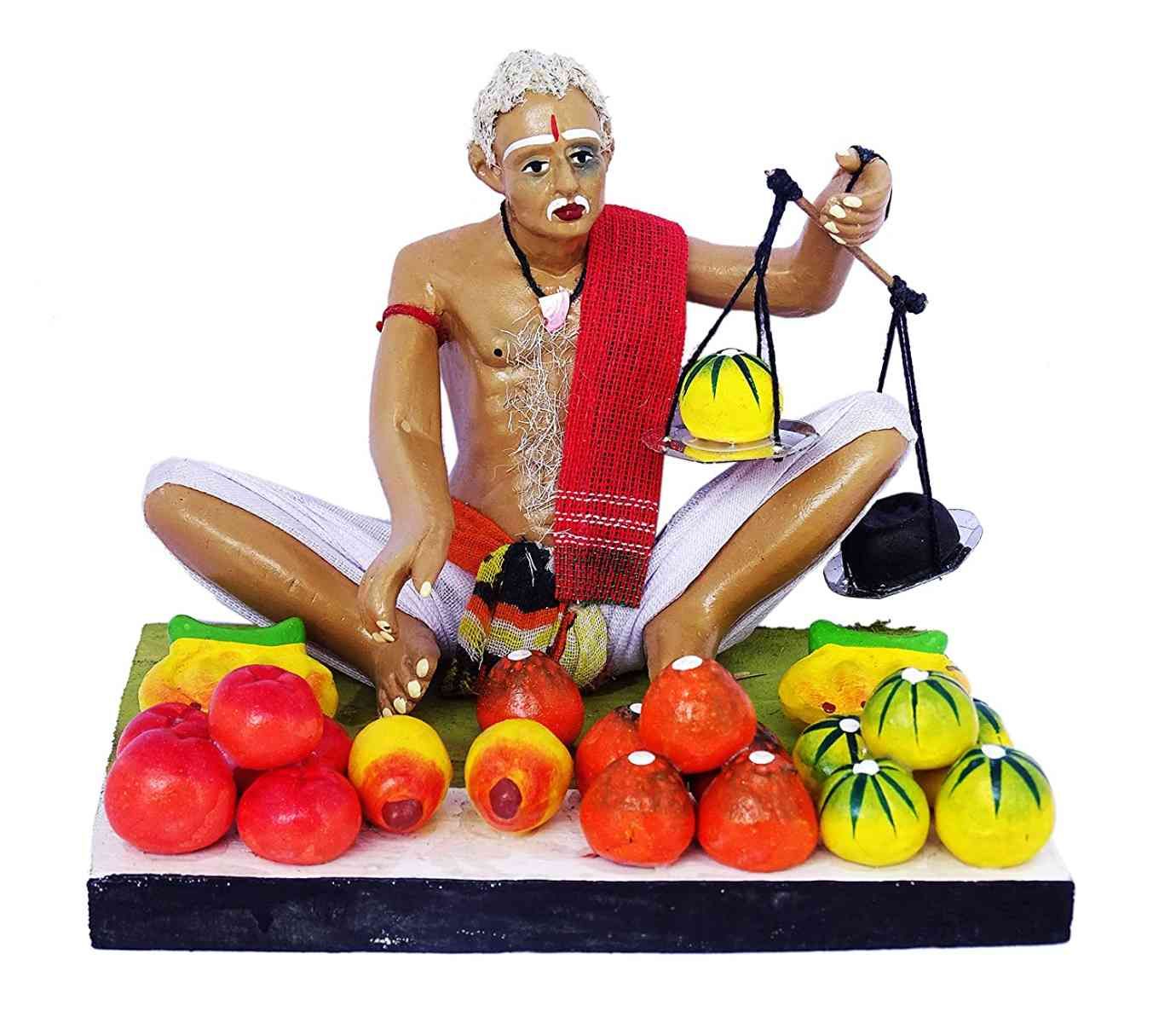 Krishnanagar Handmade Clay Gift & Decor - Basic- Sitting Human Figure Miniature Idol - Fruit Seller