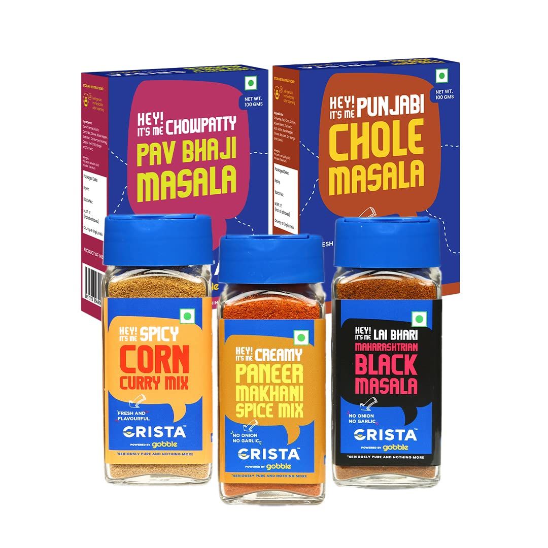 CRISTA Flavours of India - Gourmet Indian Spice Blends Combo (Pav Bhaji Masala 100 gm, Chole Masala 100 gm, Maharashtrian Masala 50 gm, Makhani Gravy Spice Mix 50 gm & Corn Curry Mix 45 gm - Pack of 5