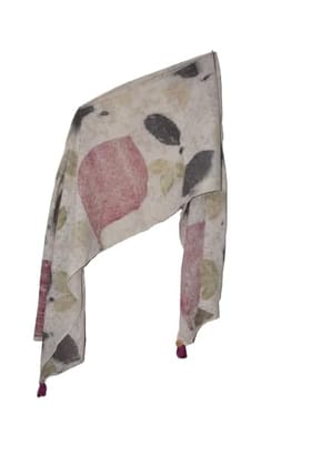 TULIP Traditional Artisians' Upliftment Livelihood Program Scarf with Leaf Print, Cream Base with Pink and Grey Leaves, Lightweight Fabric, Decorative Tassels