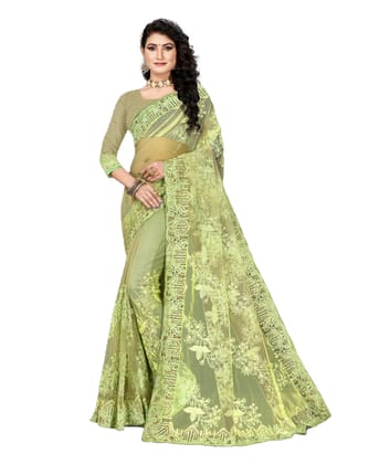 Generic Women's Net Saree With Blouse (Pista Green, 5-6 Mtr)