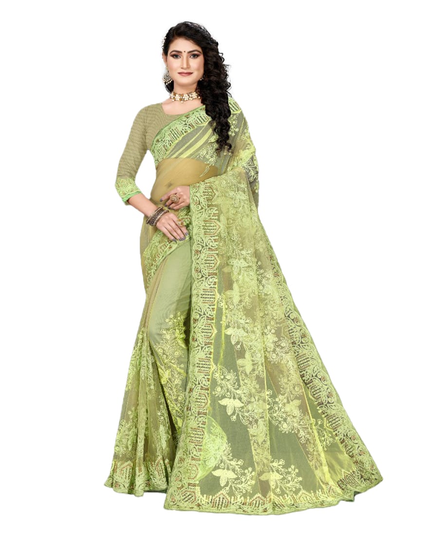 Generic Women's Net Saree With Blouse (Pista Green, 5-6 Mtr)
