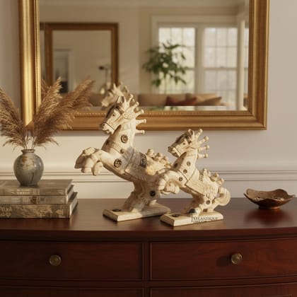 Wooden Carved Horse Pairs Statue, Distressed Horses Scalpture Pairs