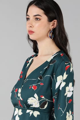Green Polyester Floral Print Flared Mini Dress VD1160 Green Polyester Floral Print Flared Mini Dress VD1160