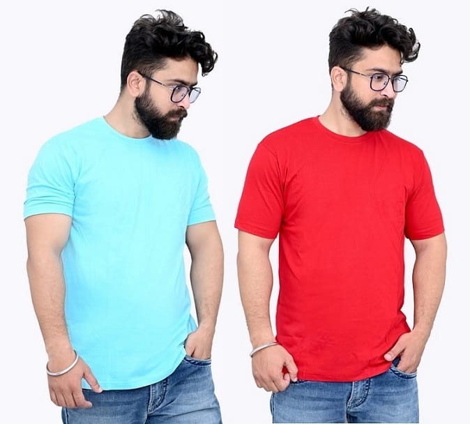 Tru Threads Solid Premium T-Shirt 2 Pcs Combo - Cyan, Red (Size - M)