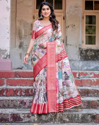 Blush Pink Digital Print Tussar Silk Saree with Vibrant Storyline Art-Regular
